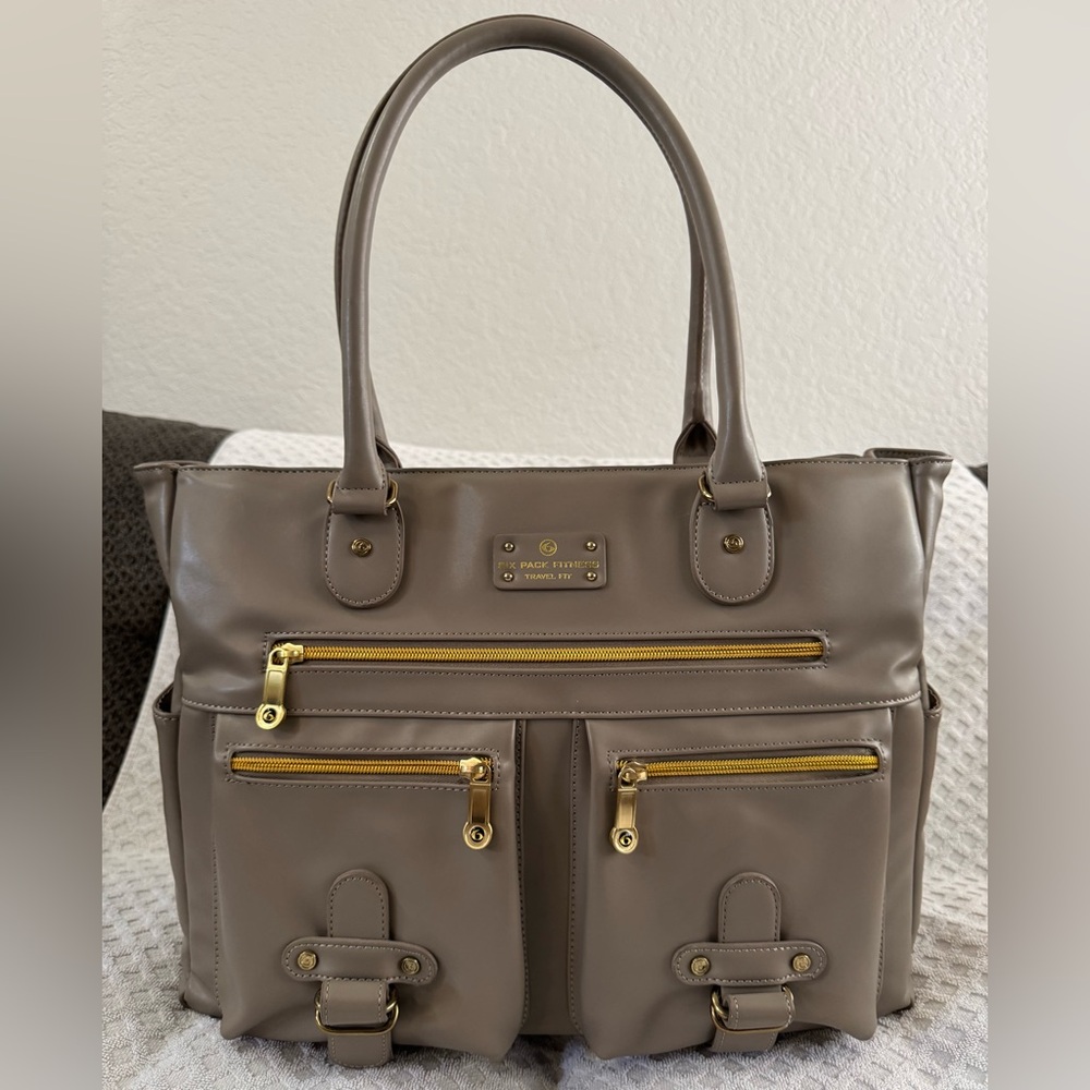 Six Pack Fitness Renee Tote Meal Prep Management Bag in Stone Beige Faux Leather